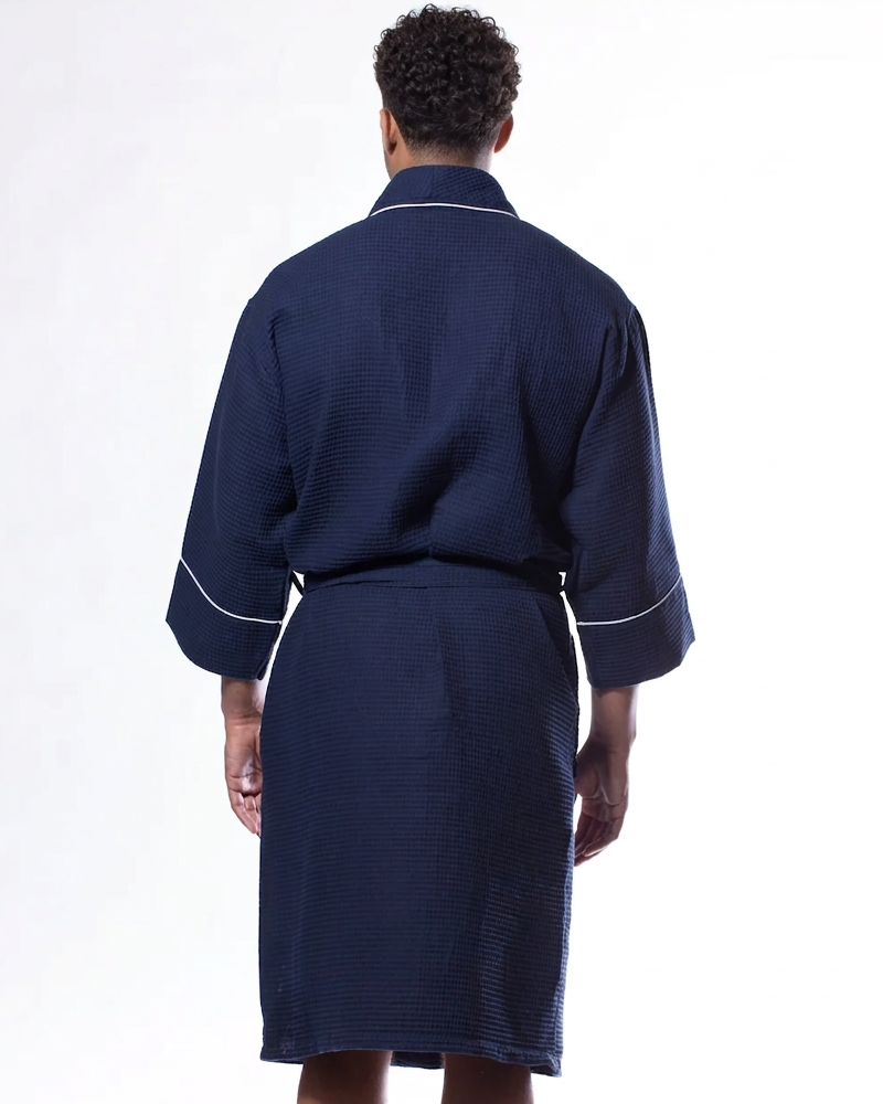 Waffle Shawl Long Robe Square Pattern Navy Blue - Image 3
