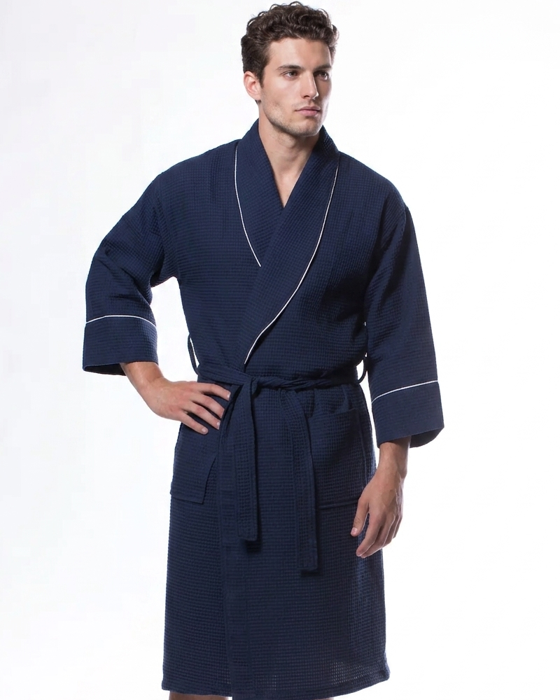 Waffle Shawl Long Robe Square Pattern Navy Blue - Image 2