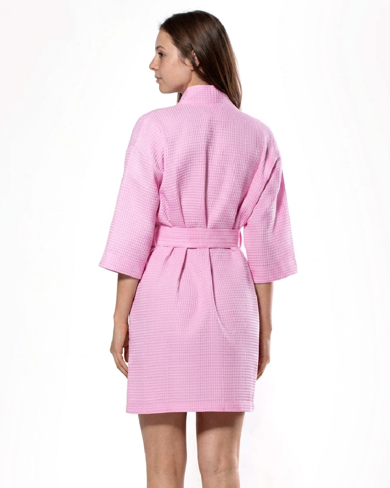 Waffle Kimono Pink Short Robe Square Pattern - Image 2