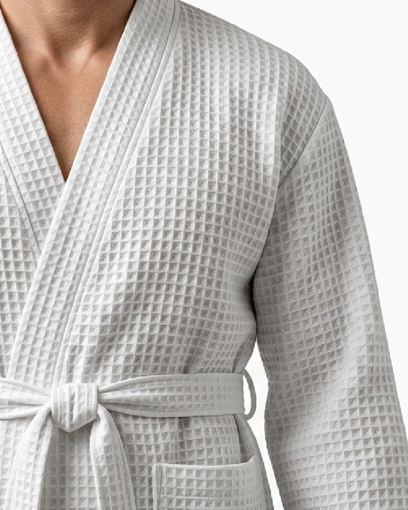 Waffle Kimono White Long Robe Square Pattern - Men - Image 3