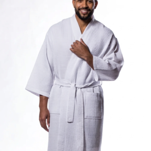 Waffle Kimono White Long Robe Square Pattern - Men