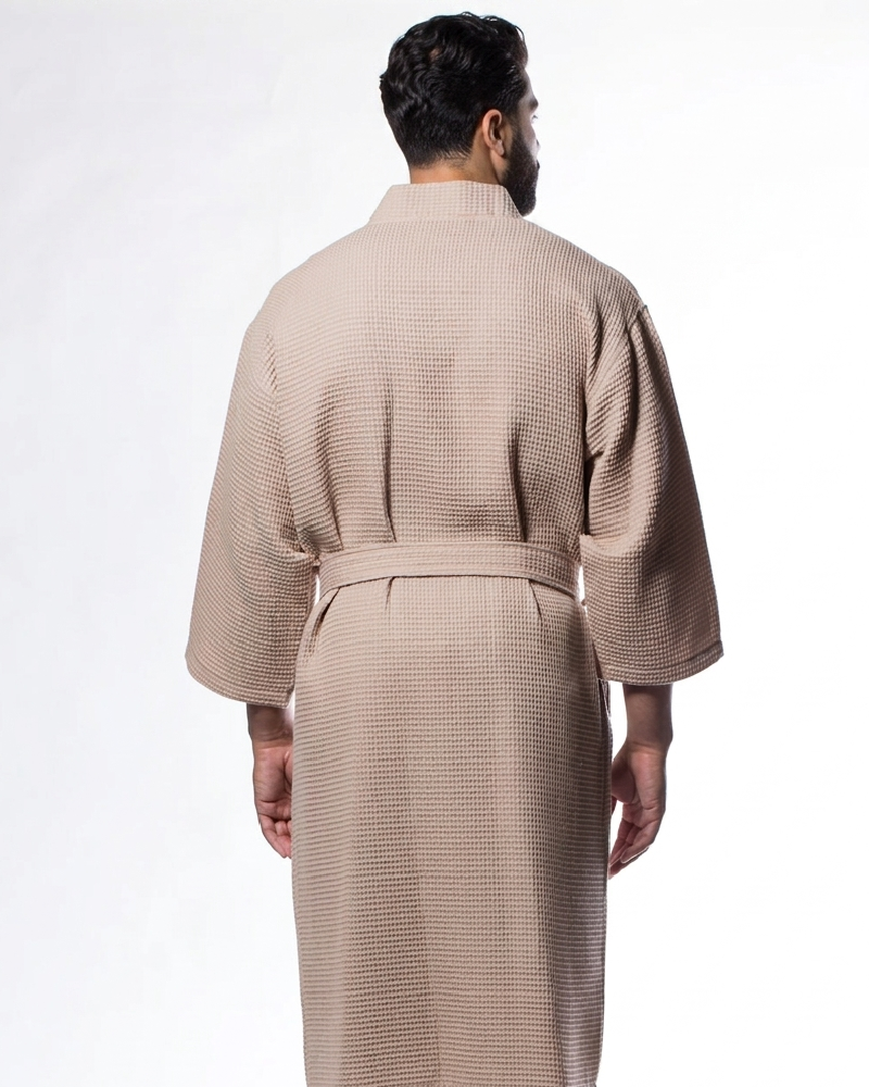 Waffle Kimono Taupe Long Robe Square Pattern - Men - Image 3