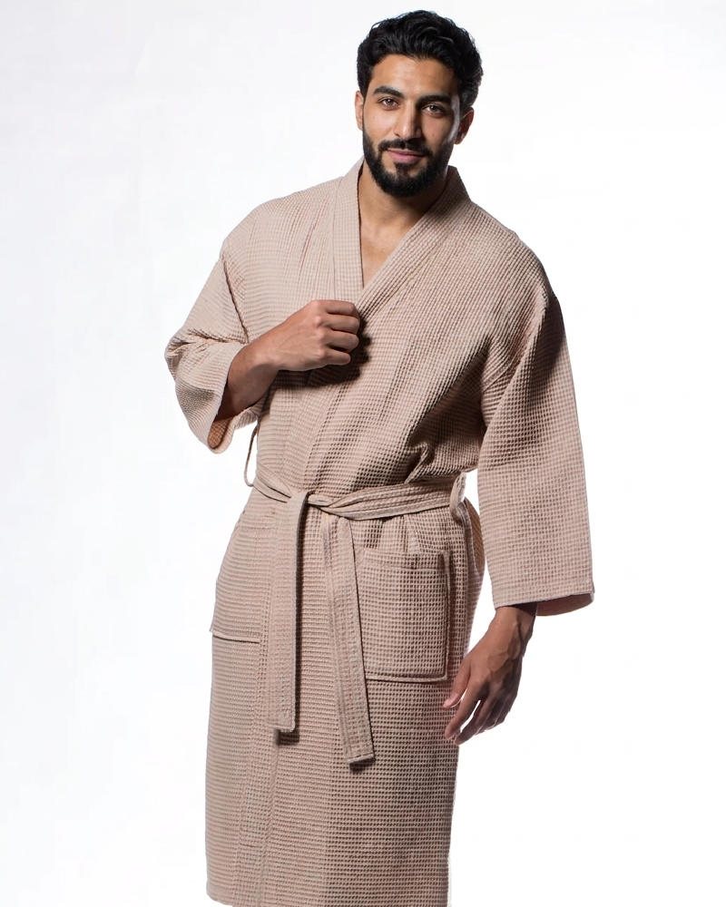 Waffle Kimono Taupe Long Robe Square Pattern - Men - Image 2