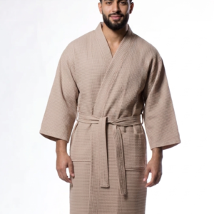 Waffle Kimono Taupe Long Robe Square Pattern - Men