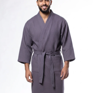 Waffle Kimono Charcoal Long Robe Square Pattern