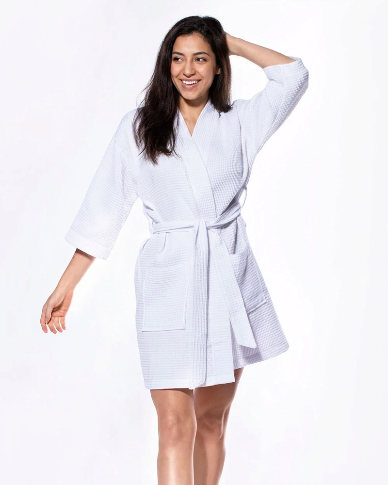 Waffle Kimono White Short Robe Square Pattern - Image 3