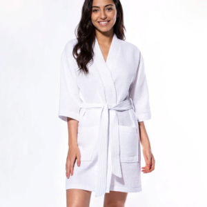 Waffle Kimono White Short Robe Square Pattern